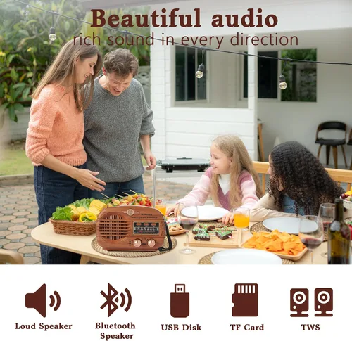 Vista 2 de Radios portátiles AM FM SW, radio retro con altavoz, radio transistor Bluetooth 5.3, batería recargable, TWS, soporte de tarjeta TF/MP3/reproducción
