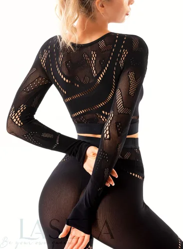 Vista 2 de LASETA Trajes de entrenamiento sexy sin costuras para mujer, diseño creativo, pantalones cortos, conjunto deportivo de 2 piezas