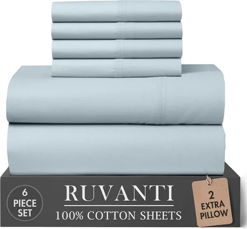Vista 58 de RUVANTI Juego de sábanas de 4 piezas de algodón 100% natural de percal suave, ligero y transpirable, con bolsillos profundos de 16 pulgadas
