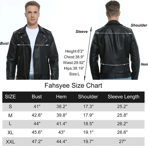 Vista 7 de Fahsyee Leather Jackets for Men, Faux Bomber Jacket Men Motorcycle Lapel Asymmetric Zip-Up Blet Slim Fit Biker Coat