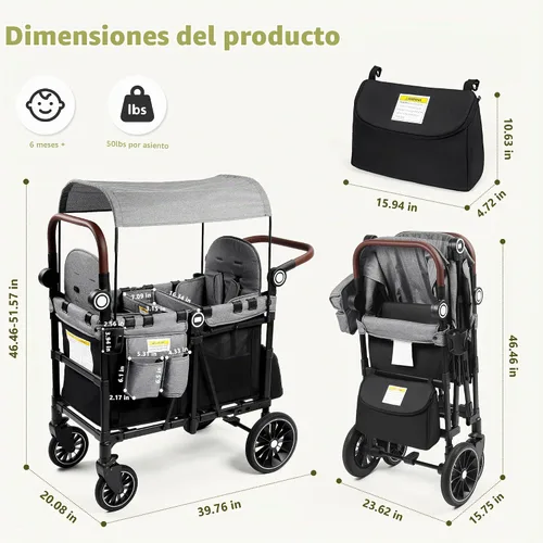Vista 9 de Kinder King Cochecito Wagon para 2 niños, rueda absorbente de golpes, negro Negro&gris