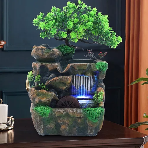 Vista 13 de Fuente de agua de mesa, mini fuente de cascada silenciosa con luces LED coloridas y atomizador, silenciosa rocalla de escritorio para relajación