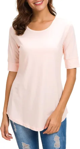 Vista 3 de Camisetas de algodón para mujer, estilo casual, cuello redondo, longitud al codo