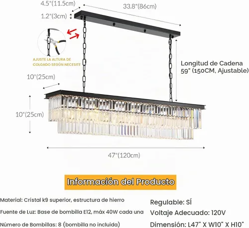 Vista 5 de NOXARTE Candelabros Rectangulares para Comedor, Candelabro de Cristal Rectangular Moderno Negro de 8 Luces, Accesorio Colgante para Isla de Cocina