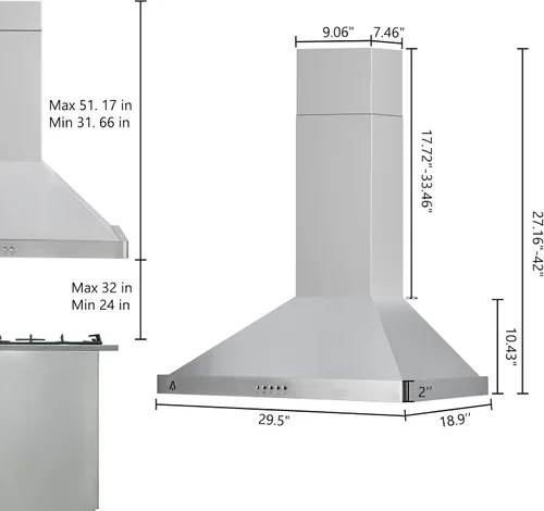 Vista 4 de Campana extractora de 30 pulgadas, montaje en pared con 400 CFM, campana extractora de acero inoxidable con control táctil, ventilador de escape