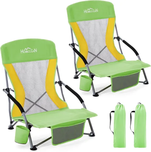 Vista 14 de Homcosan Silla de playa portátil baja plegable con paraguas desmontable, silla de campamento ligera para adultos con portavasos y bolsillo