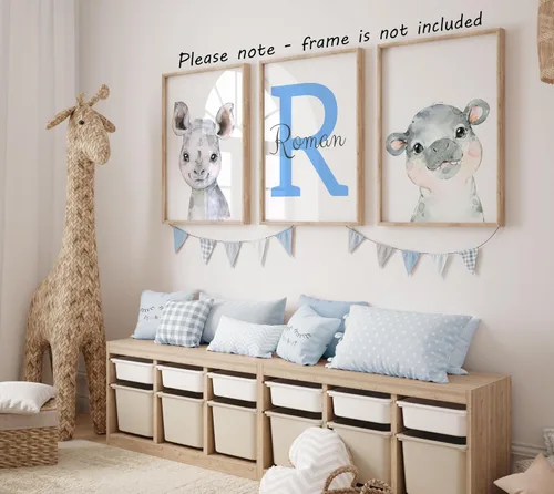 Vista 6 de Juego de 3 carteles personalizados de animales de safari para habitación de niños y niñas, sin marco, nombre personalizado, azul, verde, amarillo