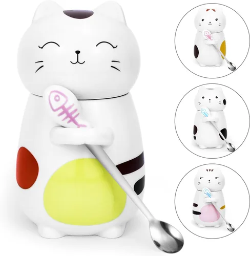 Vista 8 de Disoza Taza de Gato con Tapa Regalo de Gato Taza de Té de Cerámica con Cuchara Taza de Té de Café 400 ML Taza de Navidad Regalo de Cumpleaños