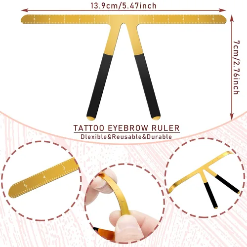 Vista 4 de 2 reglas de cejas regla de posicionamiento de 3 puntos, pinza de relación dorada para cejas, regla de microblading para cejas, herramienta