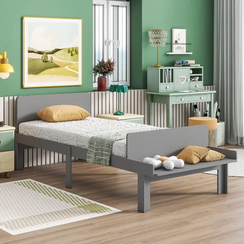 Vista 7 de Dolonm Marco de cama individual para niños con banco de estribo, gris, madera de pino, estilo moderno, no necesita somier