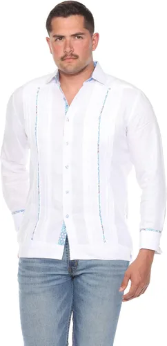 Vista 9 de Mojito - Camisa de manga larga para hombre, 100% lino, diseño de guayabera, con ribete floral en contraste y bordado azul