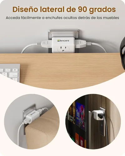 Vista 4 de LENCENT Adaptador de salida de 2 clavijas a 3 clavijas, extensor de enchufe de pared, enchufe de pared múltiple con 3 salidas de CA, expansor