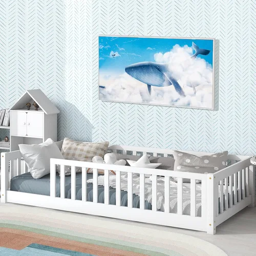 Vista 10 de Tatub Cama de suelo individual con barandillas de seguridad y puerta y listones, marco de cama Montessori de madera para niños y niñas, tamaño Gris