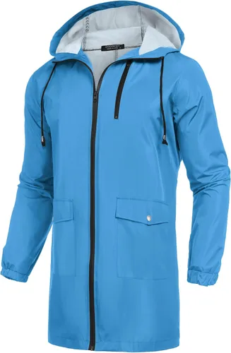 Vista 42 de COOFANDY Chubasquero largo para hombre, chaqueta impermeable para exteriores, con capucha