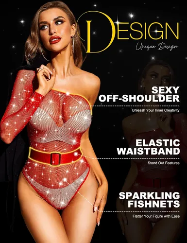 Vista 4 de Loviqueen Lencería para mujer, body de red sexy, traje de malla con diamantes de imitación