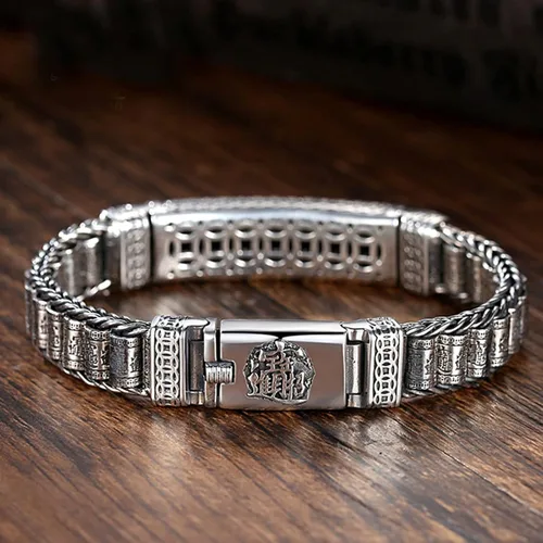 Vista 3 de Pulsera giratoria de plata esterlina S925 Feng Shui PIXIU para hombresmujeres, atrae riqueza dinero y buena suertepulsera tibetana de oración