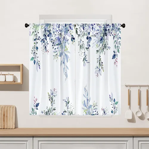 Vista 22 de Cortina de eucalipto negro y gris, cenefa para tratamiento de ventana, estilo bohemio, rústico, floral, bolsillo para barra, cortinas de ventana