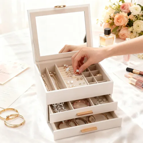 Vista 15 de Elegant Gift Jewelry Box with Mirror - 3-Layer Organizer for Earrings, Rings, Necklaces, Ready to Give for Birthday Anniversary Christmas Apricot