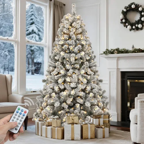 Vista 13 de GOOBED - Árbol de Navidad negro preiluminado de 6 pies con control remoto y 11 modos de luz Black Pre-Lit Spruce Hinged Artificial Halloween