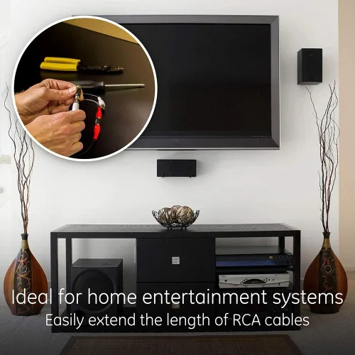 Vista 4 de GE Adaptador de acoplador RCA, paquete de 2, conectores hembra a hembra, extensión de longitud y alcance de cables RCA, barril extensor de cable
