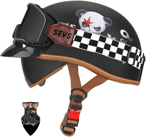 Vista 18 de Casco Moto Retro Jet para hombres y mujeres Homologado DOT, Medio Casco ABS, Ventilación Doble, Visera Retráctil y Forro Desmontable Fresco