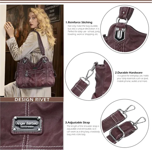 Vista 38 de Angel Barcelo - Bolsa de hombro amplia para mujer, diseño Hobo, cuero lavado
