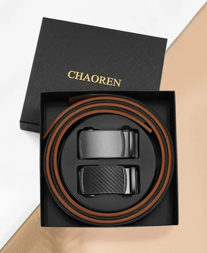 Vista 6 de CHAOREN Cinturones de trinquete para hombre, paquete de 2 Cinturón de cuero para hombre de 1 38 pulgadas en caja de regalo, satisface casi