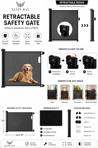 Vista 6 de Puerta de seguridad retráctil para bebés y perros, color negro