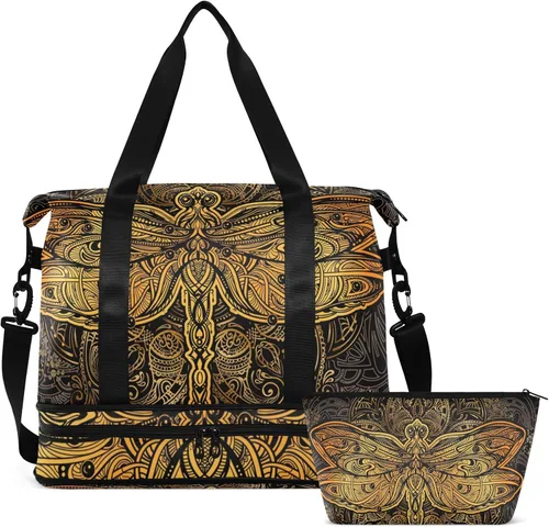 Vista 2 de ALAZA Golden Dragonfly Mandala Bolsa de viaje para mujeres y hombres, bolsa de gimnasio deportiva con compartimento para zapatos, bolsa de fin