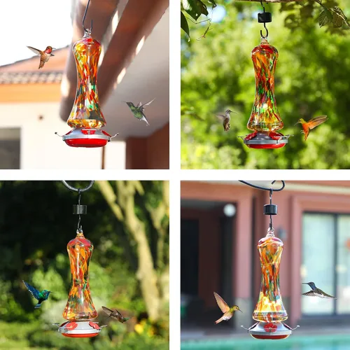 Vista 7 de Comedero de vidrio para colibríes para exteriores: regalo de colibríes naranjas para colgar en ventana para mujeres, foso de hormigas incluido, base