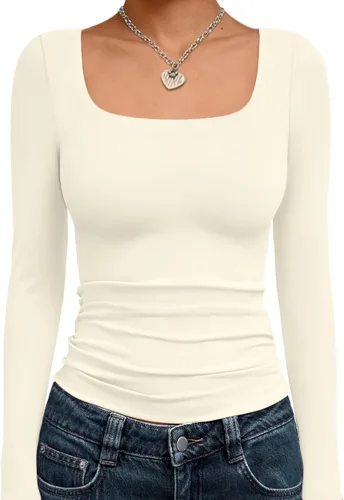 Vista 45 de Trendy Queen - Camisas ombligueras para mujer, manga larga, cuello cuadrado, básicas, para salir, de invierno, Y2K Albaricoque