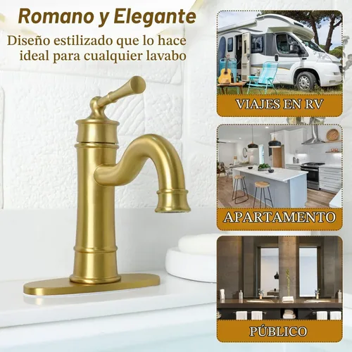Vista 6 de Grifo romano para lavabo de baño dorado cepillado de un solo agujero, montaje en cubierta, conjunto de drenaje desplegable con placa de cubierta