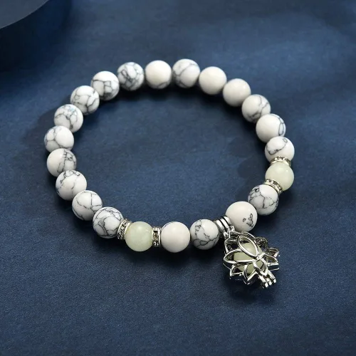 Vista 5 de Pulsera luminosa con forma de flor de loto que brilla en la oscuridad para mujer, piedras turquesas naturales, joyería de oración de yoga, Metal