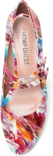 Vista 3 de SHOWFOREST Zapatos de tacón bajo con hebilla de punta redonda para mujer, con correa ajustable y correa ajustable, 2 pulgadas