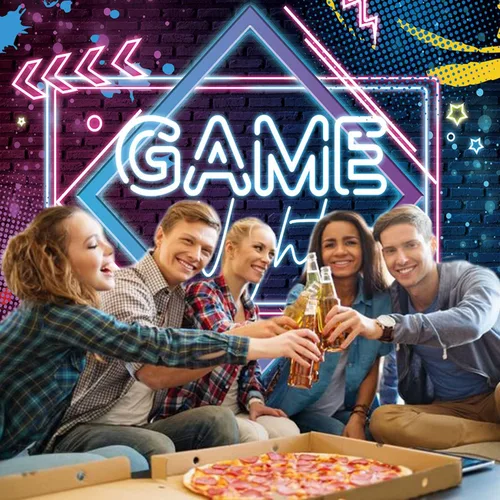 Vista 6 de Fondo de fotografía de lámpara de neón para noche de juegos, decoración de mesa de pastel, decoración de mesa, telón de fondo para fotos, 5 x 3 pies