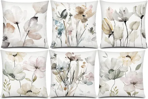 Vista 19 de COMMINY Juego de 6 fundas de almohada decorativas de 16 x 16 pulgadas / 16.0 x 16.0 in., diseño de margaritas y margaritas para sofá, moderna funda