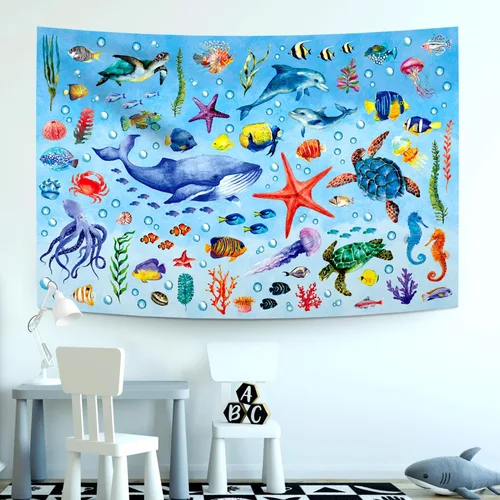 Vista 2 de DECOWALL TP-010 - Tapiz de animales marinos de 60 x 40 pulgadas (59.1 in x 39.4 in), póster para niños, aprendizaje educativo, para colgar