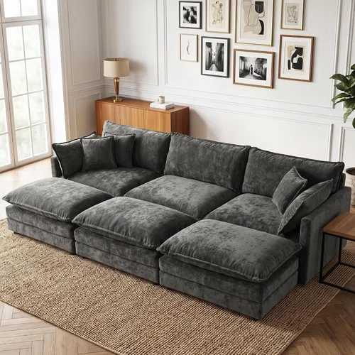 Vista 100 de Sofá individual modular de chenilla con otomana, sofá nube con almohada, color beige