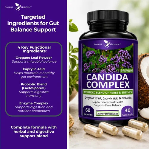 Vista 5 de Potent Garden Candida Complex - Mezcla de orégano y ácido caprílico, complejo de equilibrio de flora intestinal, salud intestinal y apoyo