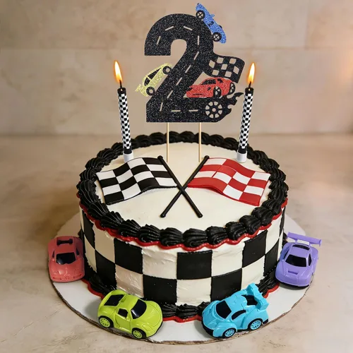 Vista 7 de Decoración para tartas de auto de carreras, 15 piezas, decoración de cumpleaños de autos de carreras, velas de cumpleaños falg a cuadros