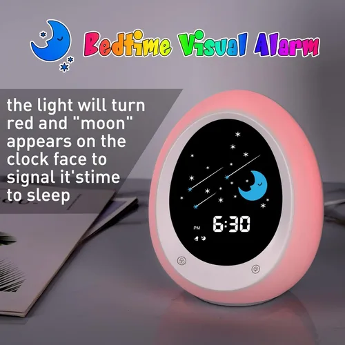 Vista 3 de Reloj Despertador para Niños, Reloj de Entrenamiento del Sueño para Niños Pequeños con Sol y Luna, Máquina de Sonidos, Luz Nocturna, Reloj