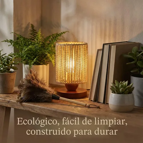 Vista 9 de Lámpara de mesa pequeña de ratán para dormitorio, lámpara de noche bohemia con bombilla LED cálida, lámpara de mesita de noche de mimbre tejida a