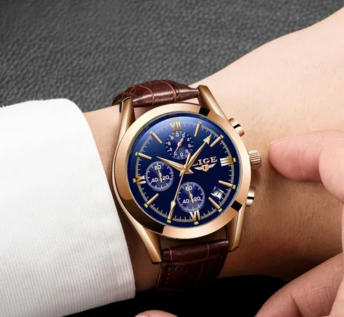 Vista 7 de LIGE Reloj analógico de cuero para hombre, reloj de pulsera de cuarzo, para citas, negocios, casual, impermeable, reloj deportivo, color negro