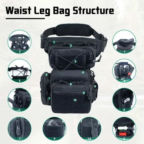 Vista 5 de Bolsa táctica de pierna caída para hombres, bolsa cruzada negra, mochila para muslo, bolsa militar de caza al aire libre, bolsa de motocicleta