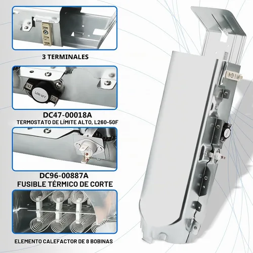 Vista 8 de DC93-00154A - Conjunto de elemento calefactor de secadora – Reemplazo de calentador de conducto de 3 cables para SAMSUNG, compatible con DC47-00032A