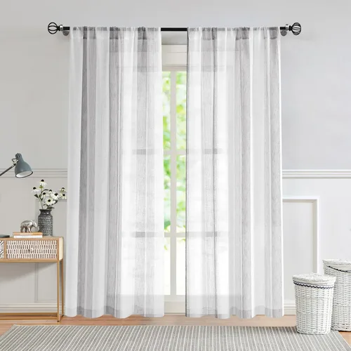 Vista 11 de Central Park Cortinas Transparentes de Rayas Beige y Blancas Estilo Granja de Lino Bouclé, Pares de Paneles de Cortina de Ventana Tejidos con Hilo