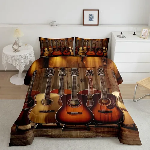 Vista 12 de Castle Fairy Juego de edredón de botas de vaquero, tamaño individual, juego de ropa de cama bohemio con guitarra musical para niños y niños