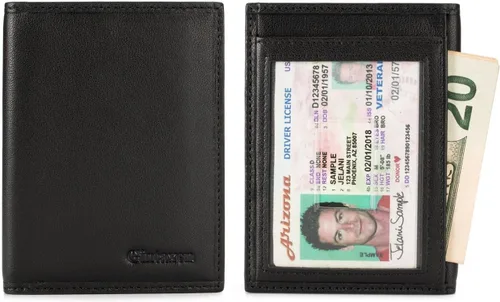 Vista 2 de Slim Bifold Front Pocket Wallet 2 ID ventana tarjeta de crédito titular de cuero genuino RFID bloqueo
