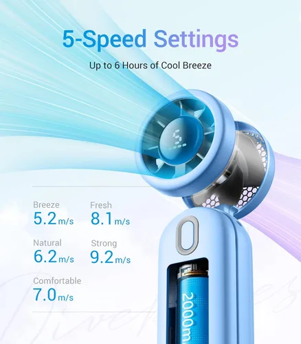 Vista 5 de Diveblues Ventilador turbo de mano portátil de alta velocidad, alimentado por batería recargable USB, pequeño ventilador de bolsillo portátil