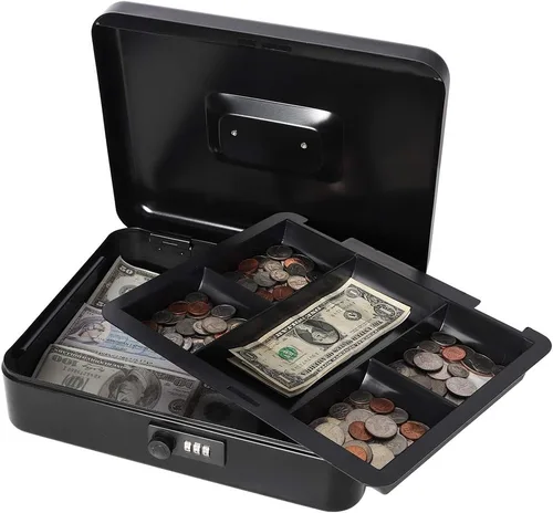 Vista 3 de Decaller Caja de dinero con cerradura de combinación, caja de seguridad de metal pequeña con bandeja de dinero, 7 4/5 x 6 4/5 x 3 3/5 pulgadas